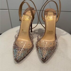 Christian Louboutin Cream Stiletto Heels with Crystal Embellishments